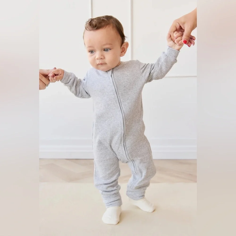 Jamie Kay Frankie Zip Onepiece Taupe Stripe Baby 0–3M Organic Cotton Modal